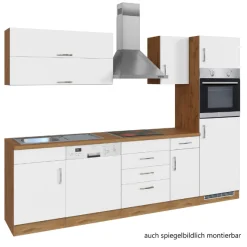 Küchenzeile Sorrella 270cm mit Geschirrspüler, Backofen und Kühlschrank - weiß/Eiche