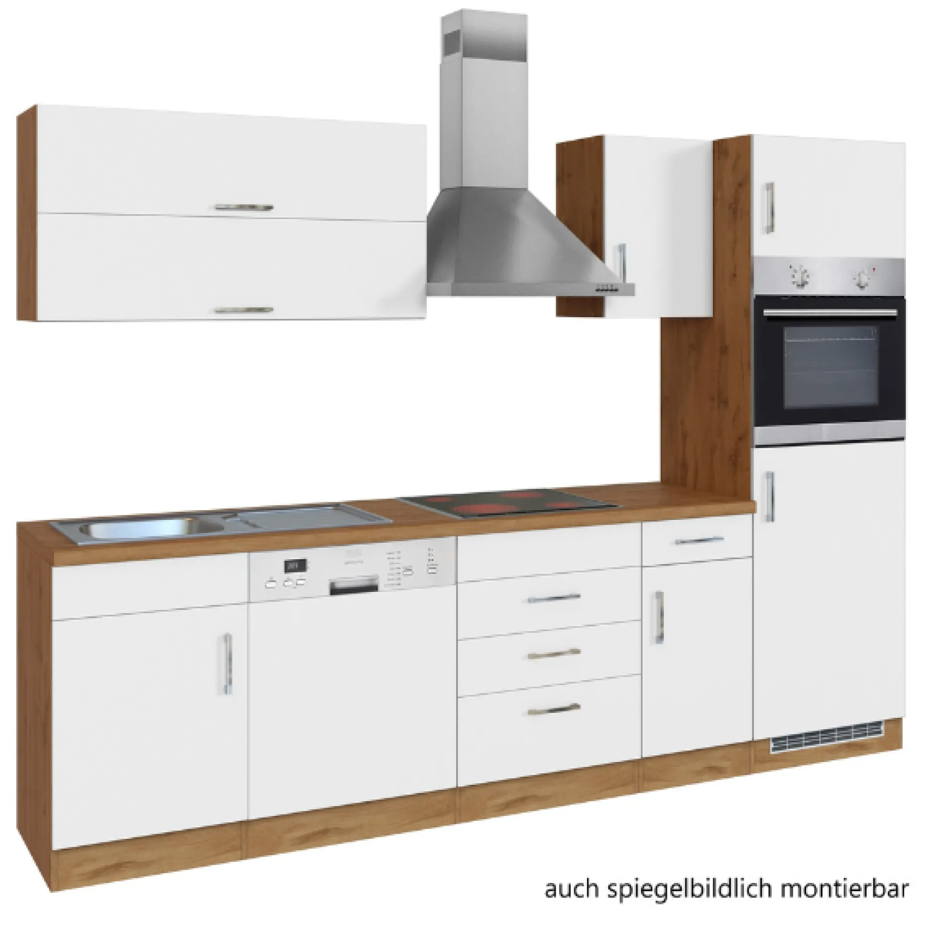 Küchenzeile Sorrella 270cm mit Geschirrspüler, Backofen und Kühlschrank - weiß/Eiche