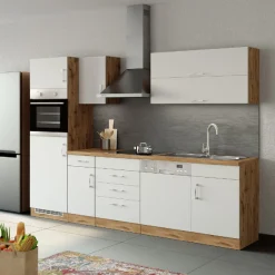 Küchenzeile Sorrella 270cm mit Geschirrspüler, Backofen und Kühlschrank - weiß/Eiche