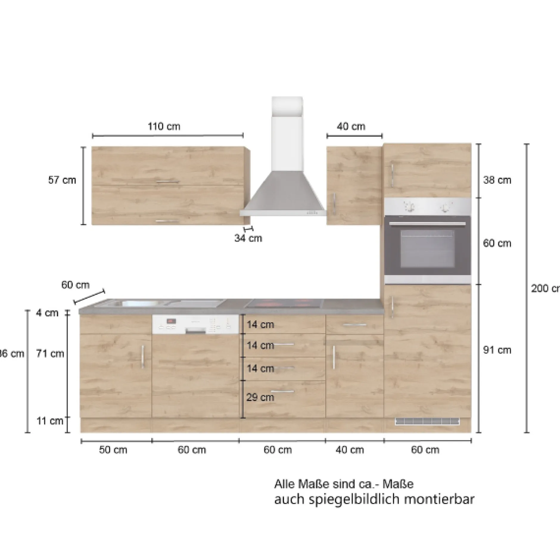 Küchenzeile Sorrella 270cm mit Geschirrspüler, Backofen und Kühlschrank - weiß/Eiche