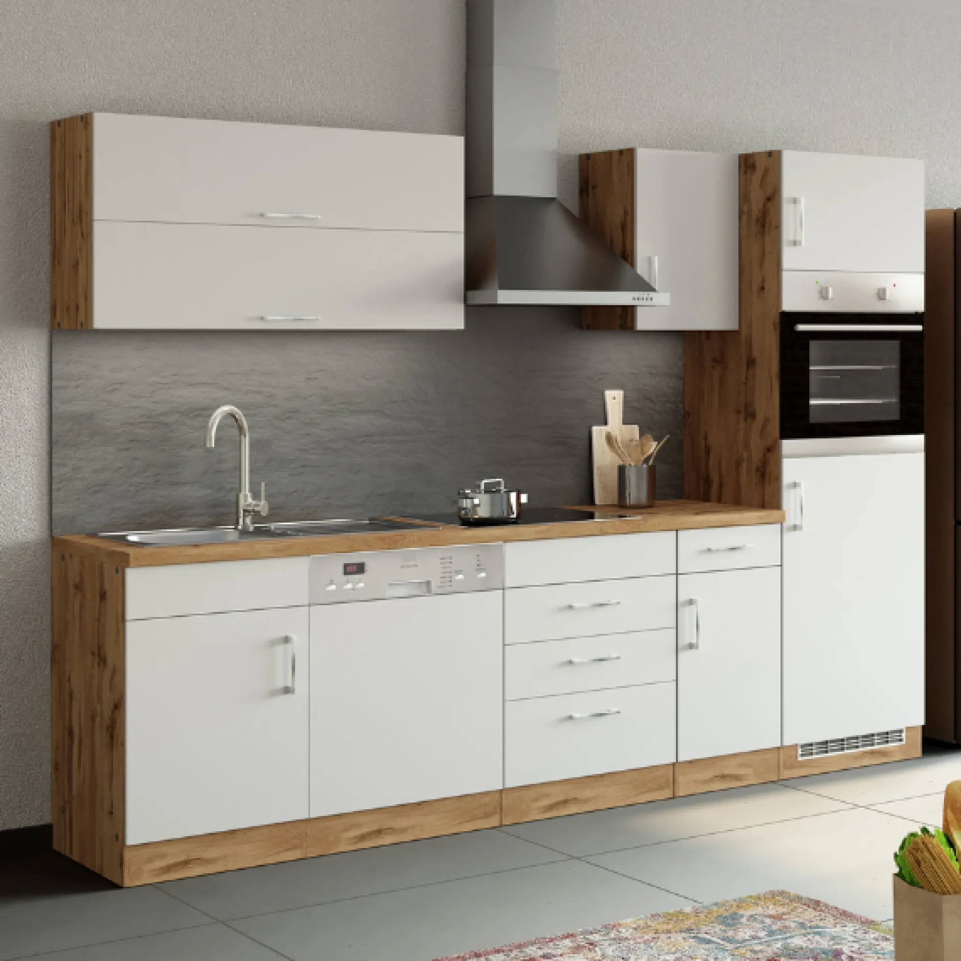Küchenzeile Sorrella 270cm mit Geschirrspüler, Backofen und Kühlschrank - weiß/Eiche