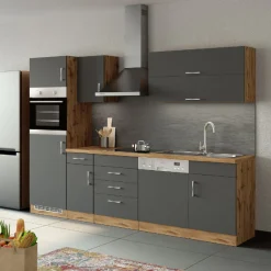 Küchenzeile Sorrella 270cm mit Geschirrspüler, Backofen und Kühlschrank - anthrazit/ocker