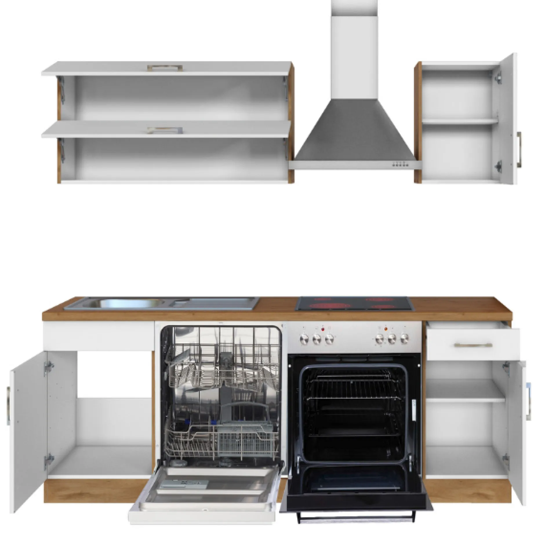 Küchenzeile Sorrella 210cm mit Geschirrspüler und Backofen - weiß/Eiche