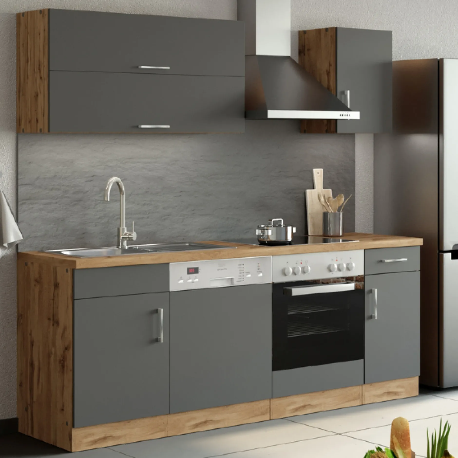 Küchenzeile Sorrella 210cm mit Geschirrspüler und Backofen - anthrazit/ocker