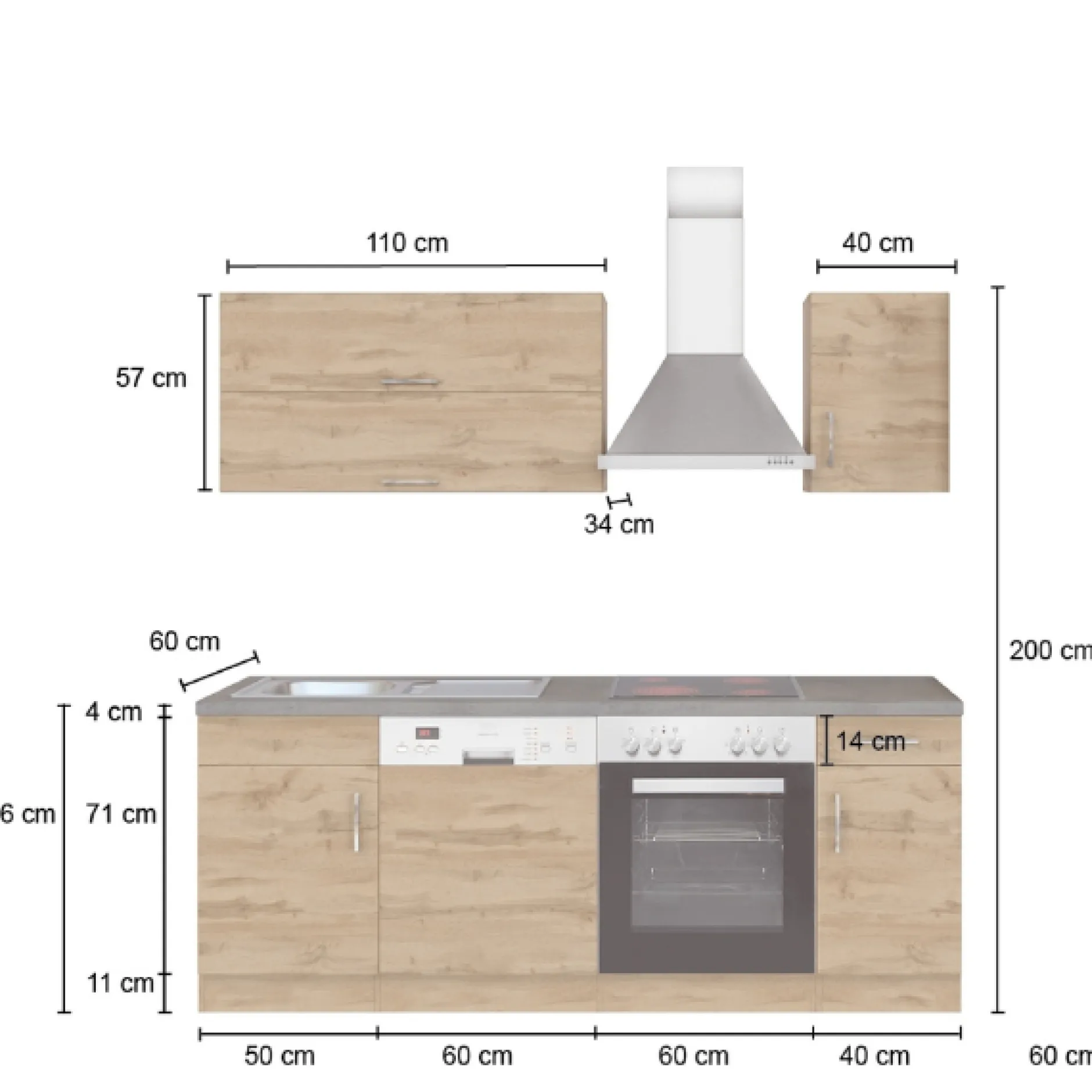 Küchenzeile Sorrella 210cm mit Geschirrspüler und Backofen - Eiche/Graphit