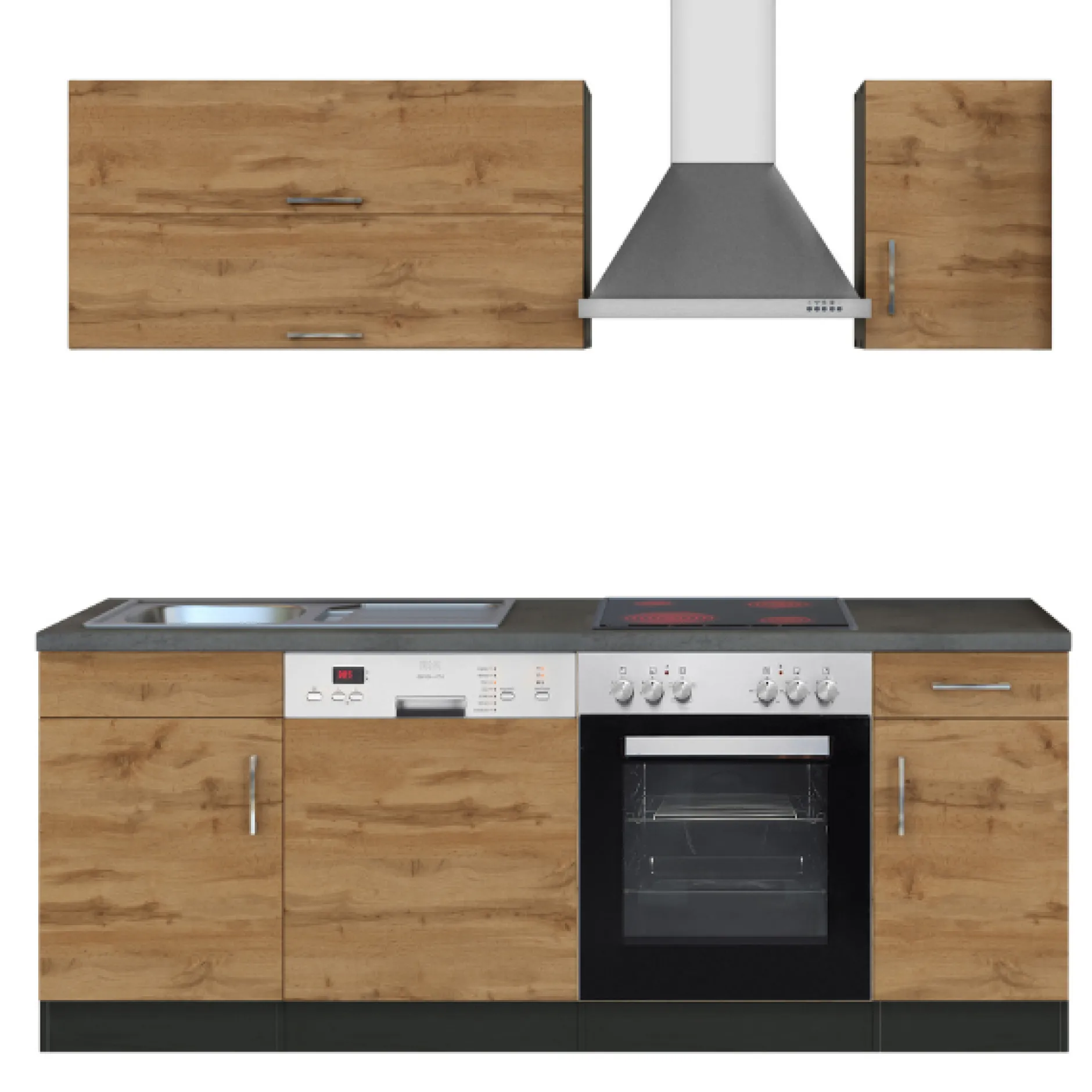 Küchenzeile Sorrella 210cm mit Geschirrspüler und Backofen - Eiche/Graphit