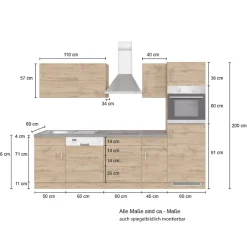 Küchenzeile Sorrella 270cm mit Geschirrspüler, Backofen und Kühlschrank - Eiche