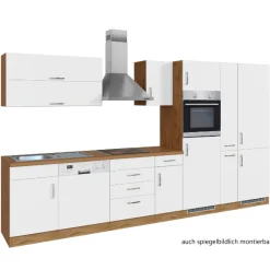 Küchenzeile Sorrella 360cm mit Geschirrspüler, Backofen, Kühl- und Gefrierschrank - weiß/Eiche