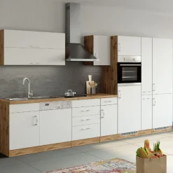 Küchenzeile Sorrella 360cm mit Geschirrspüler, Backofen, Kühl- und Gefrierschrank - weiß/Eiche
