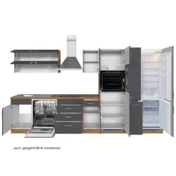 Küchenzeile Sorrella 360cm mit Geschirrspüler, Backofen, Kühlschrank und Gefrierschrank - Anthrazit/Eiche