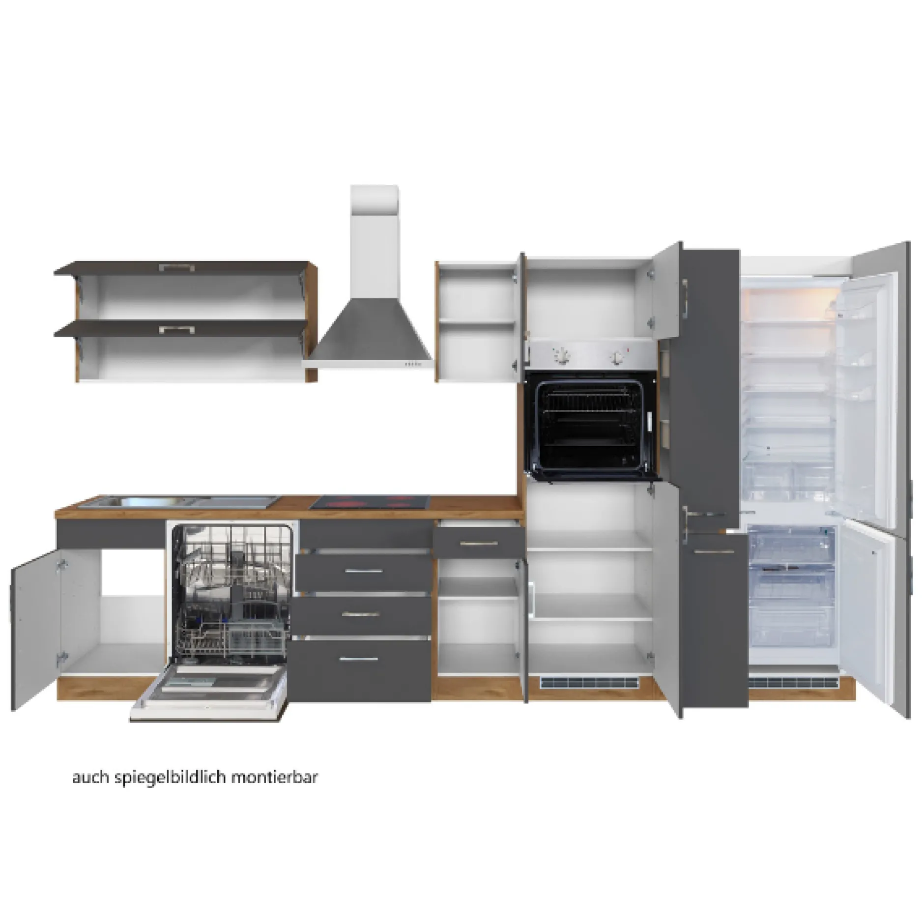 Küchenzeile Sorrella 360cm mit Geschirrspüler, Backofen, Kühlschrank und Gefrierschrank - Anthrazit/Eiche