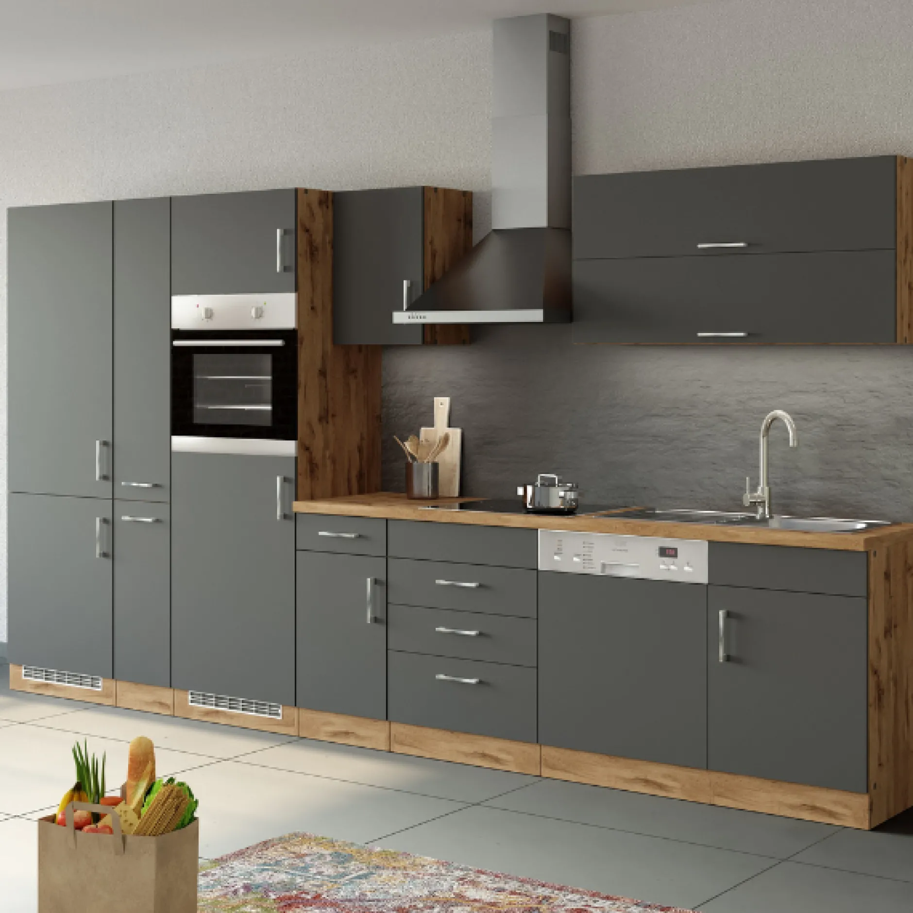 Küchenzeile Sorrella 360cm mit Geschirrspüler, Backofen, Kühlschrank und Gefrierschrank - Anthrazit/Eiche