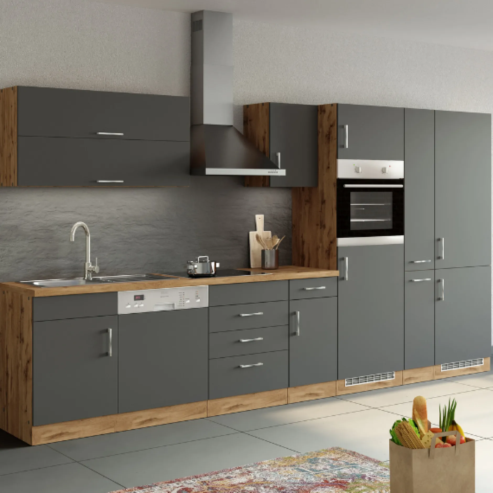 Küchenzeile Sorrella 360cm mit Geschirrspüler, Backofen, Kühlschrank und Gefrierschrank - Anthrazit/Eiche
