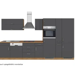 Küchenzeile Sorrella 360cm mit Geschirrspüler, Backofen, Kühlschrank und Gefrierschrank - Anthrazit/Eiche