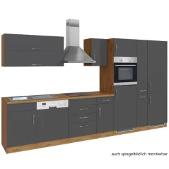 Küchenzeile Sorrella 360cm mit Geschirrspüler, Backofen, Kühlschrank und Gefrierschrank - Anthrazit/Eiche