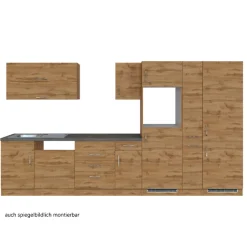 Küchenzeile Sorrella 360cm mit Geschirrspüler, Backofen, Kühl- und Gefrierschrank - Eiche