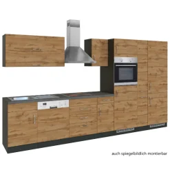 Küchenzeile Sorrella 360cm mit Geschirrspüler, Backofen, Kühl- und Gefrierschrank - Eiche/Graphit