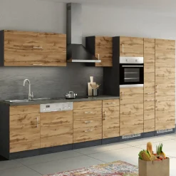 Küchenzeile Sorrella 360cm mit Geschirrspüler, Backofen, Kühl- und Gefrierschrank - Eiche/Graphit