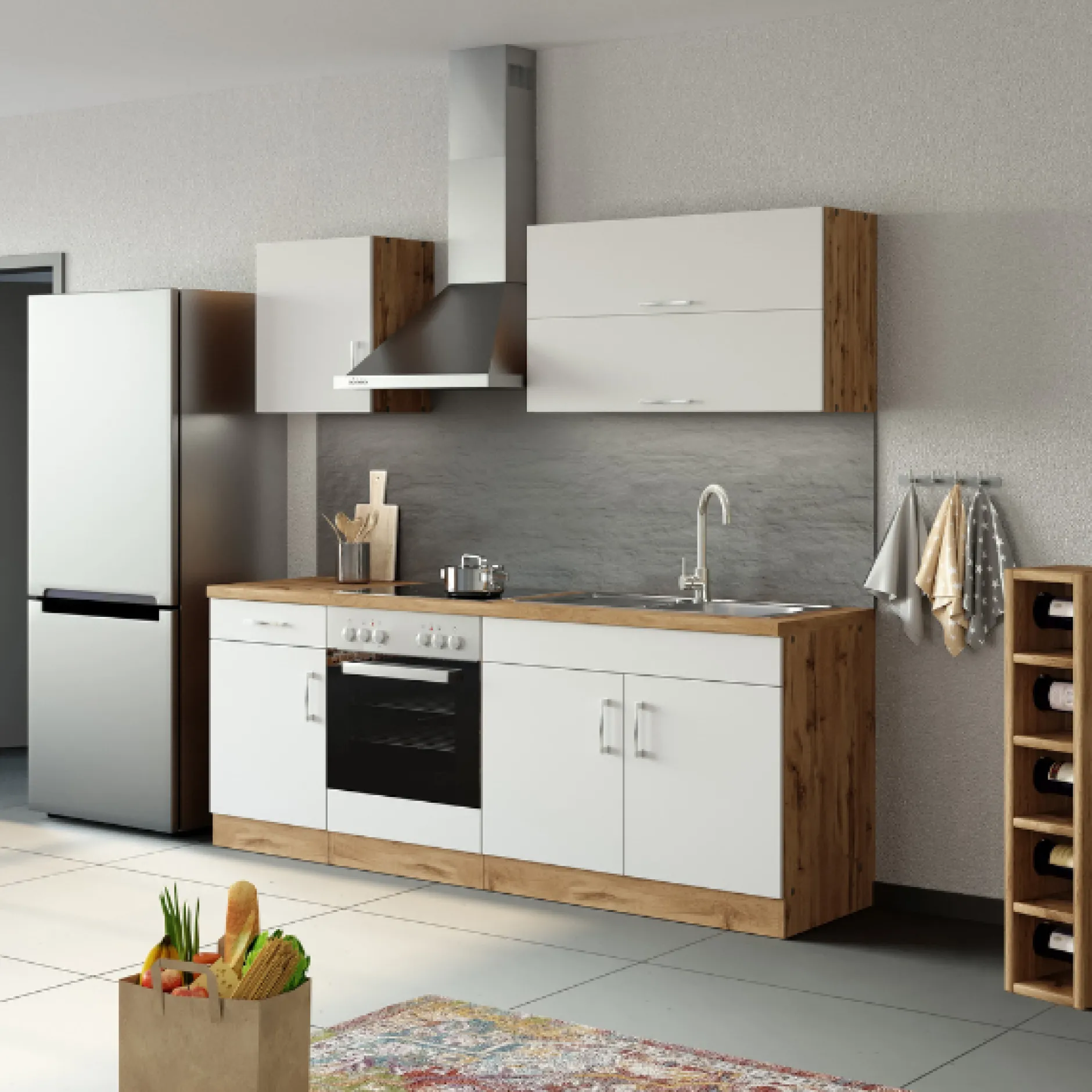 Küchenzeile Sorrella 210cm mit Platz für Backofen - weiß/Eiche