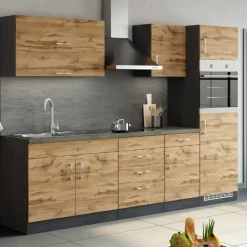 Küchenzeile Sorrella 270cm mit Platz für Backofen und Kühlschrank - Eiche/Graphit
