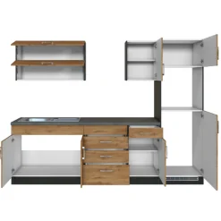 Küchenzeile Sorrella 270cm mit Platz für Backofen und Kühlschrank - Eiche/Graphit