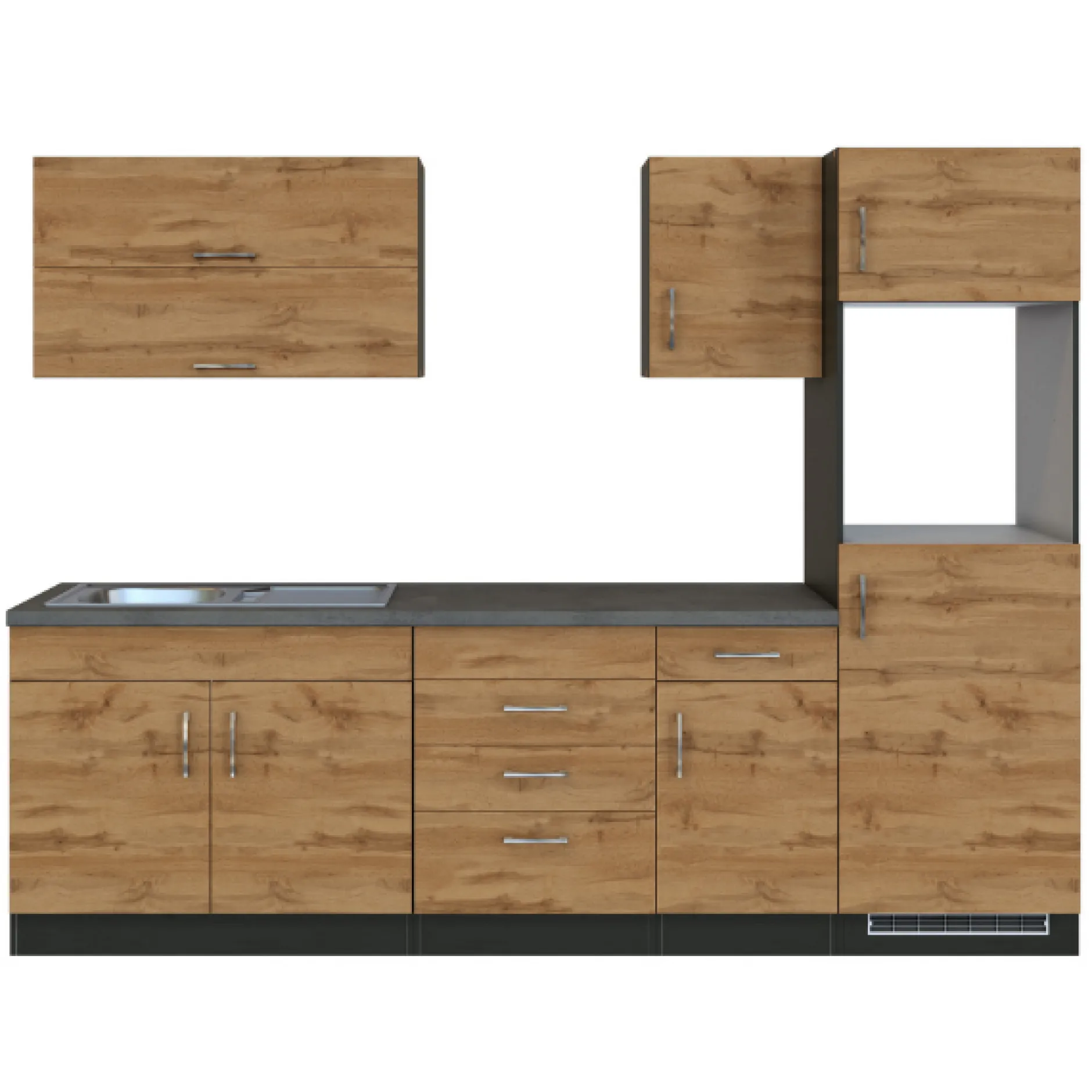 Küchenzeile Sorrella 270cm mit Platz für Backofen und Kühlschrank - Eiche/Graphit