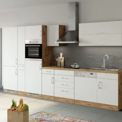 Küchenzeile Sorrella 360cm mit Platz für Geschirrspüler, Backofen, Kühl- und Gefrierschrank - weiß/Eiche