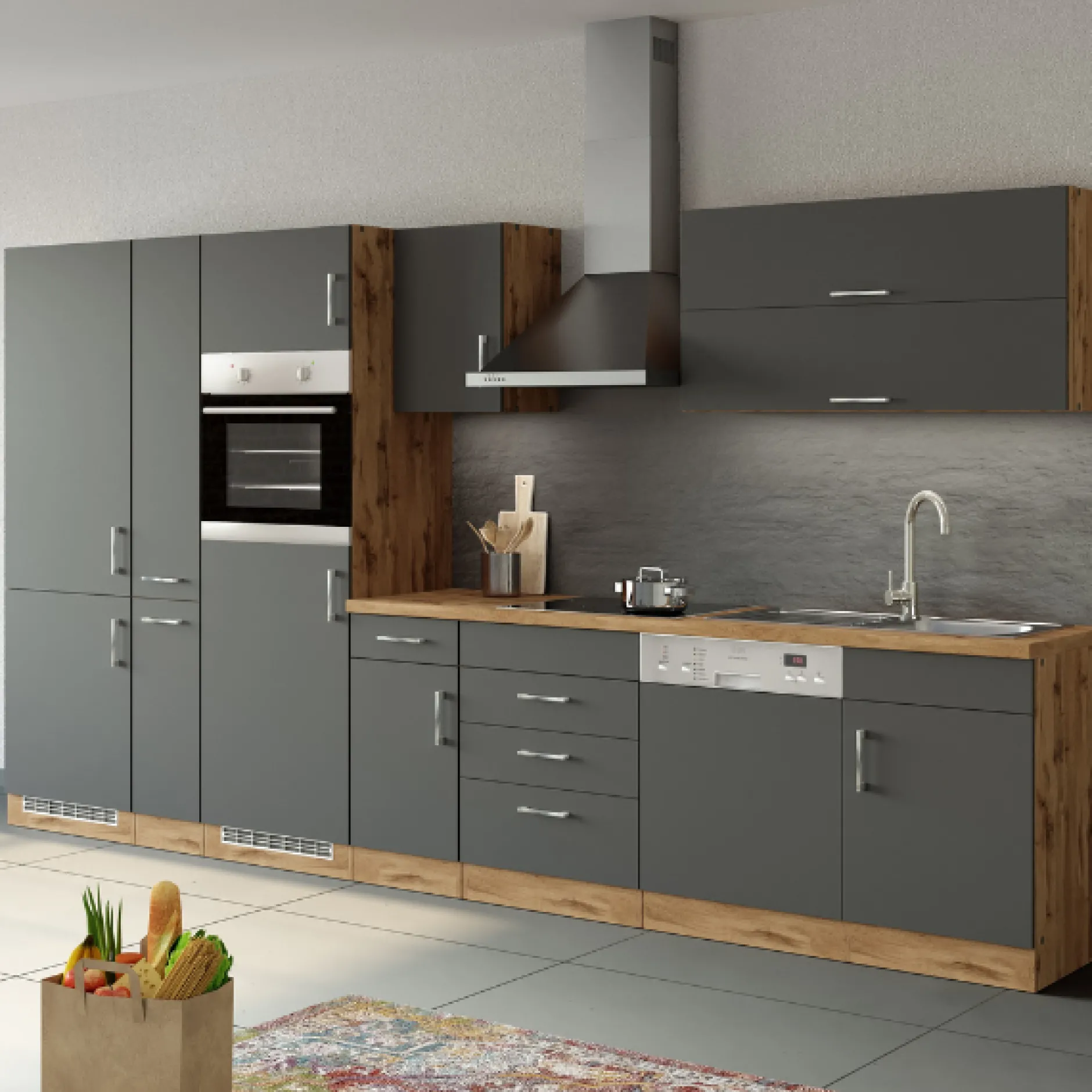 Küchenzeile Sorrella 360cm mit Platz für Geschirrspüler, Backofen, Kühlschrank und Gefrierschrank - Anthrazit/Eiche