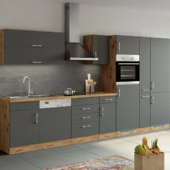 Küchenzeile Sorrella 360cm mit Platz für Geschirrspüler, Backofen, Kühlschrank und Gefrierschrank - Anthrazit/Eiche