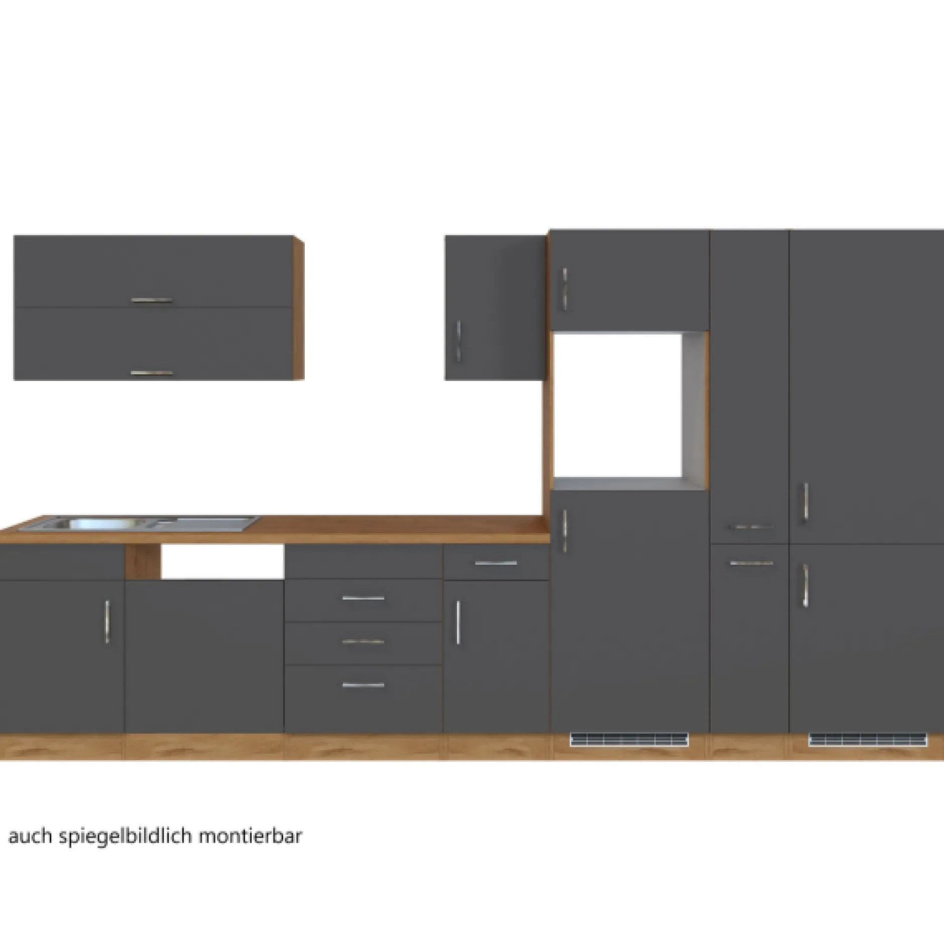 Küchenzeile Sorrella 360cm mit Platz für Geschirrspüler, Backofen, Kühlschrank und Gefrierschrank - Anthrazit/Eiche