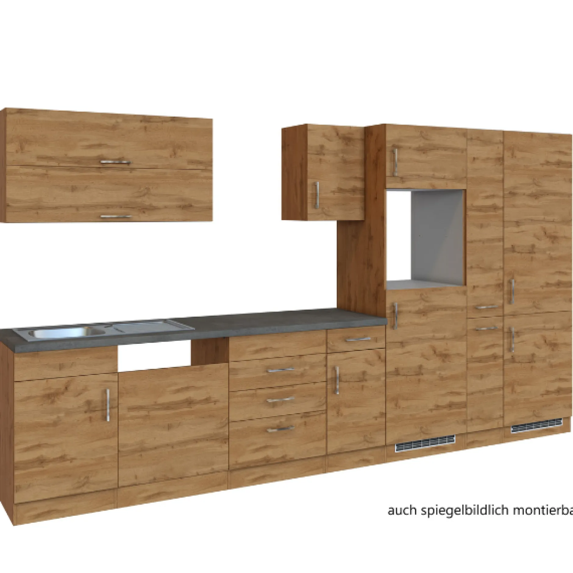 Küchenzeile Sorrella 360cm mit Platz für Geschirrspüler, Backofen, Kühl- und Gefrierschrank - Eiche