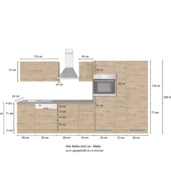 Küchenzeile Sorrella 360cm mit Platz für Geschirrspüler, Backofen, Kühl- und Gefrierschrank - Eiche