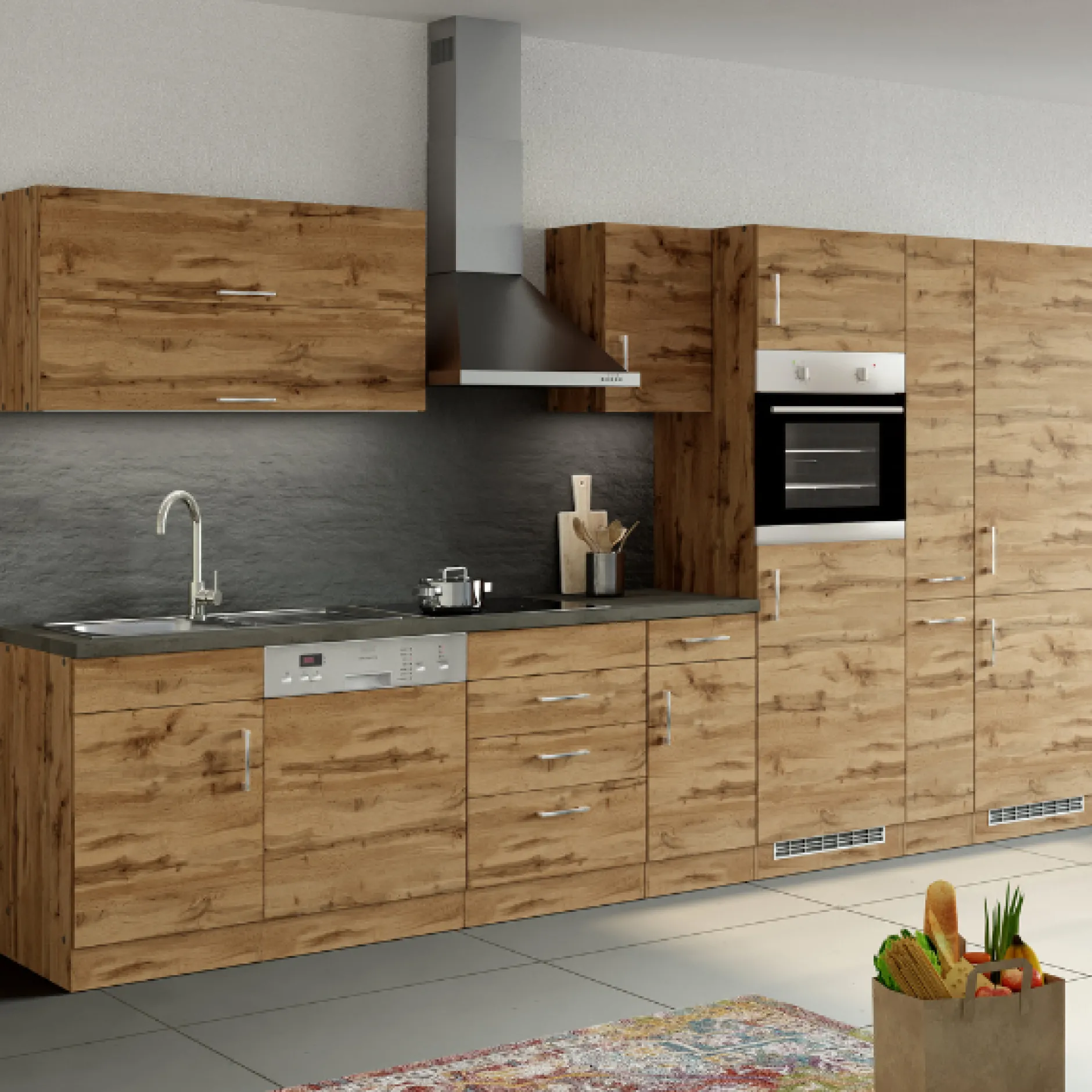 Küchenzeile Sorrella 360cm mit Platz für Geschirrspüler, Backofen, Kühl- und Gefrierschrank - Eiche