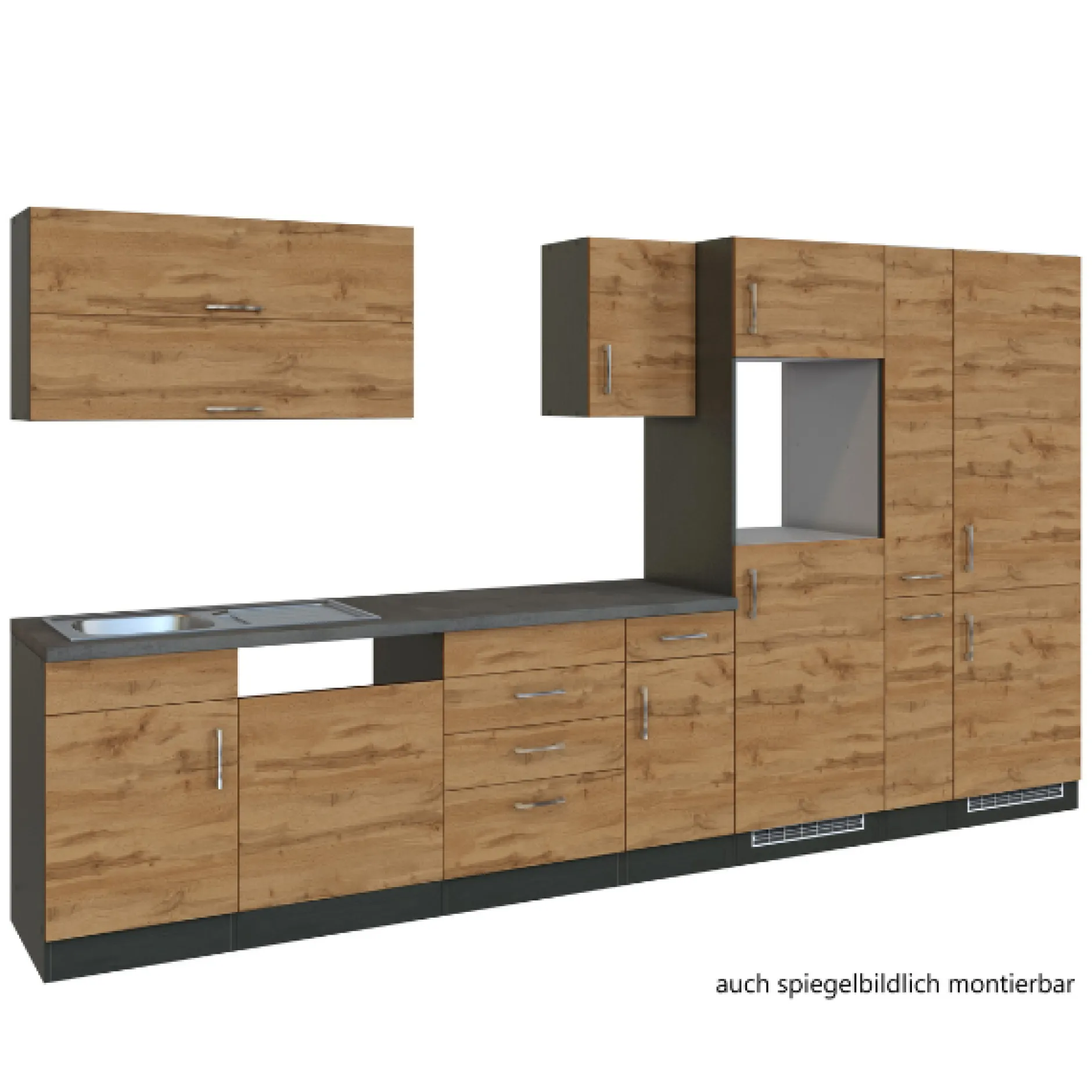 Küchenzeile Sorrella 360cm mit Platz für Geschirrspüler, Backofen, Kühl- und Gefrierschrank - Eiche/Graphit