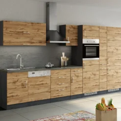 Küchenzeile Sorrella 360cm mit Platz für Geschirrspüler, Backofen, Kühl- und Gefrierschrank - Eiche/Graphit