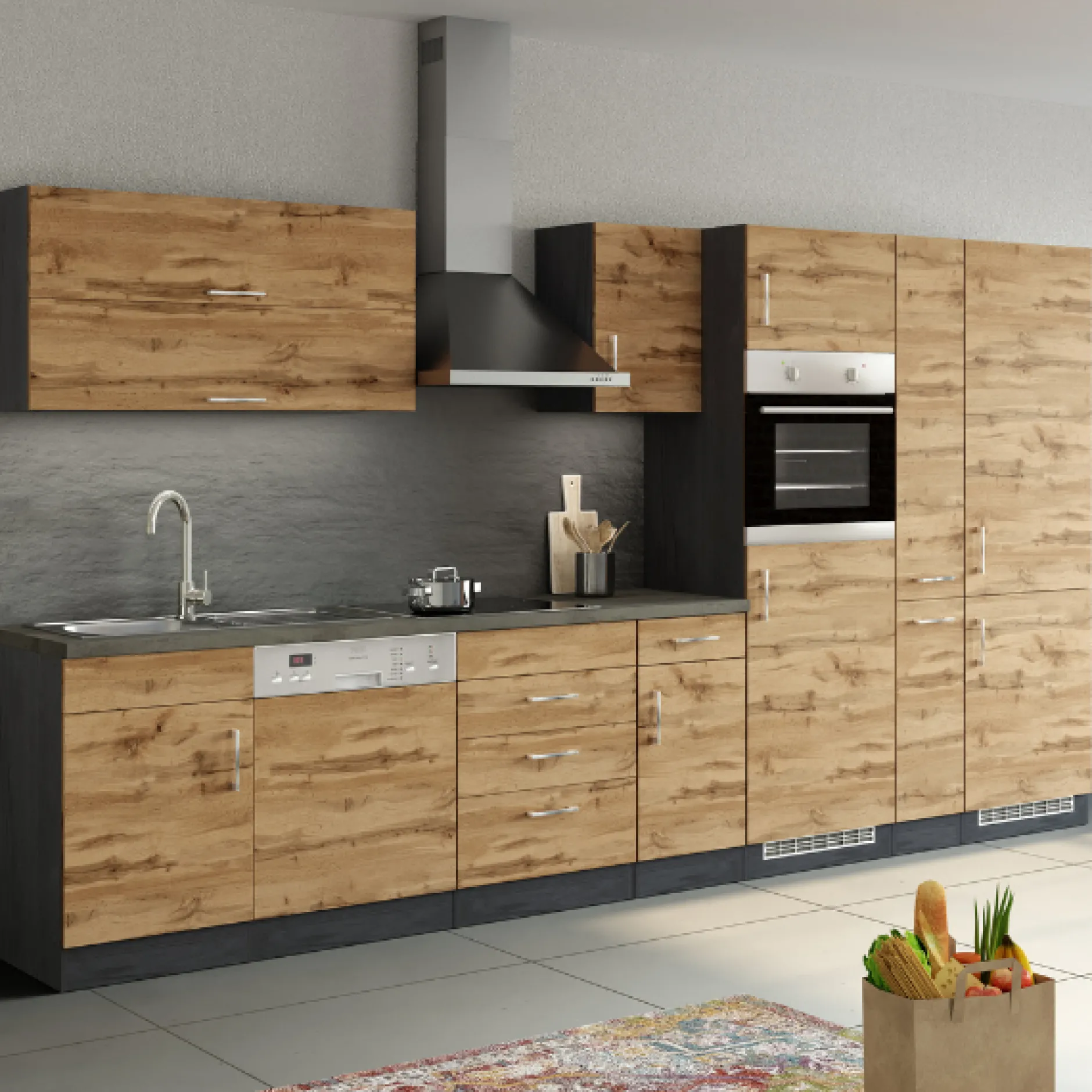 Küchenzeile Sorrella 360cm mit Platz für Geschirrspüler, Backofen, Kühl- und Gefrierschrank - Eiche/Graphit