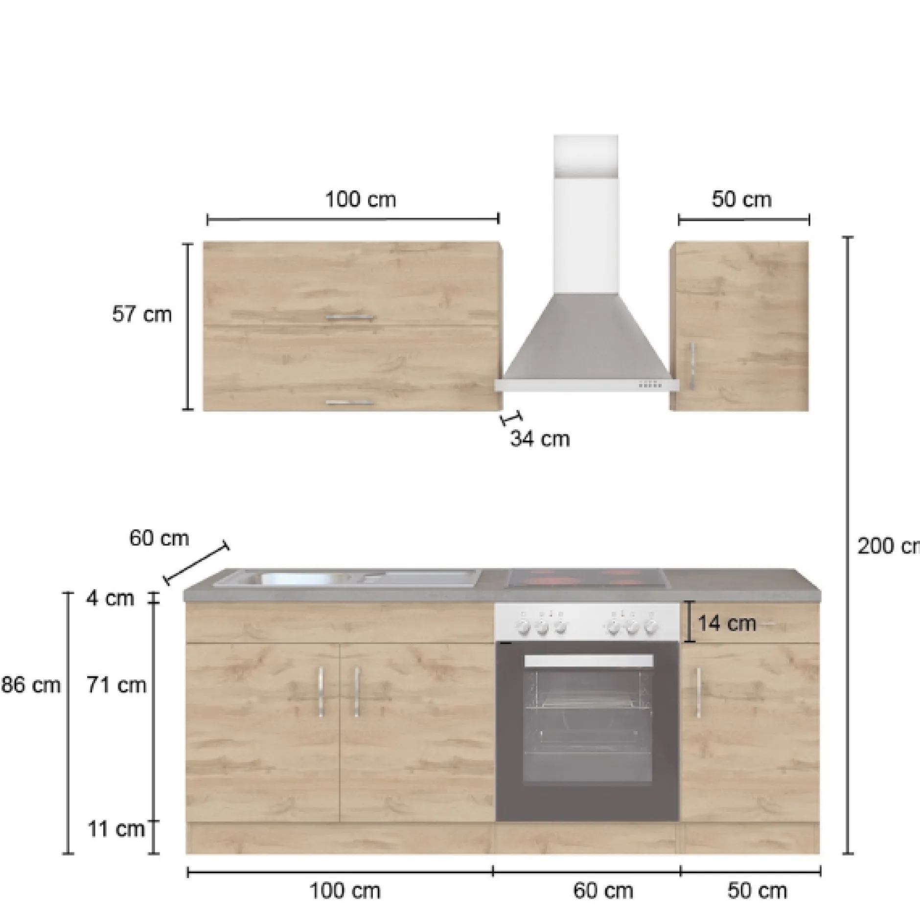 Küchenzeile Sorrella 210cm mit Platz für Backofen - anthrazit/ocker