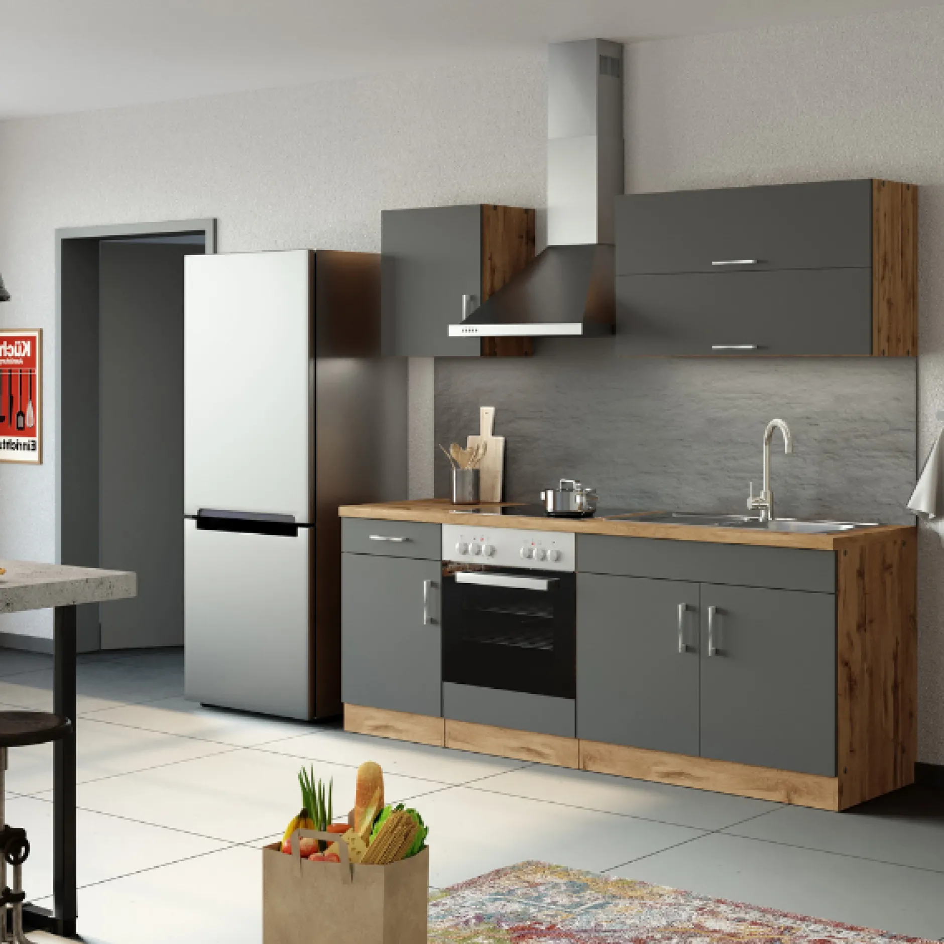 Küchenzeile Sorrella 210cm mit Platz für Backofen - anthrazit/ocker