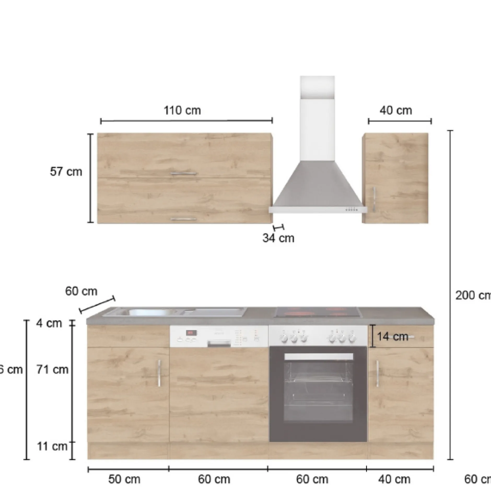 Küchenzeile Sorrella 210cm mit Platz für Geschirrspüler und Backofen - anthrazit/ocker