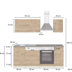 Küchenzeile Sorrella 210cm mit Platz für Geschirrspüler und Backofen - Eiche/Graphit