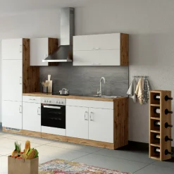 Küchenzeile Sorrella 270cm mit Platz für Backofen und Kühlschrank - weiß/Eiche