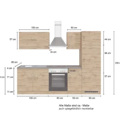 Küchenzeile Sorrella 270cm mit Platz für Backofen und Kühlschrank - weiß/Eiche
