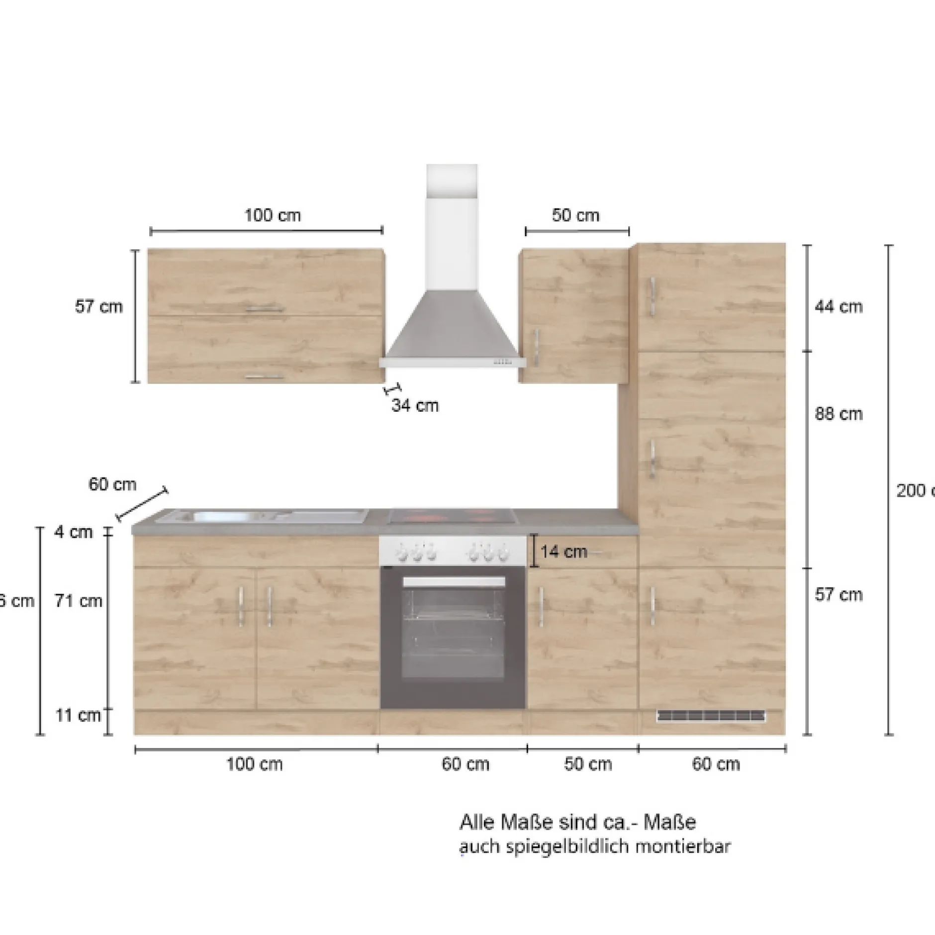Küchenzeile Sorrella 270cm mit Platz für Backofen und Kühlschrank - weiß/Eiche