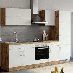 Küchenzeile Sorrella 270cm mit Platz für Backofen und Kühlschrank - weiß/Eiche