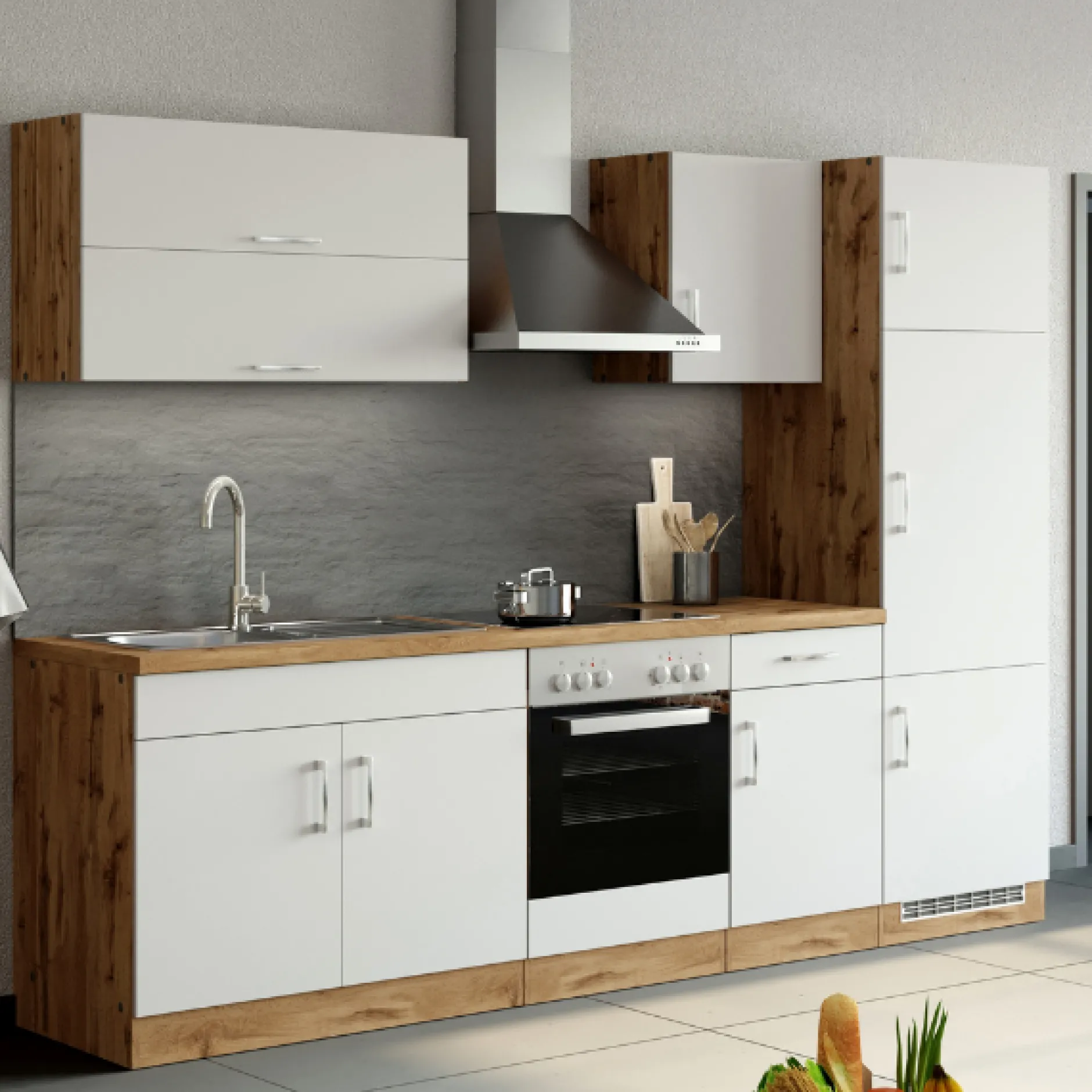 Küchenzeile Sorrella 270cm mit Platz für Backofen und Kühlschrank - weiß/Eiche