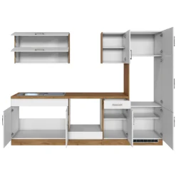Küchenzeile Sorrella 270cm mit Platz für Backofen und Kühlschrank - weiß/Eiche
