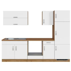Küchenzeile Sorrella 270cm mit Platz für Backofen und Kühlschrank - weiß/Eiche