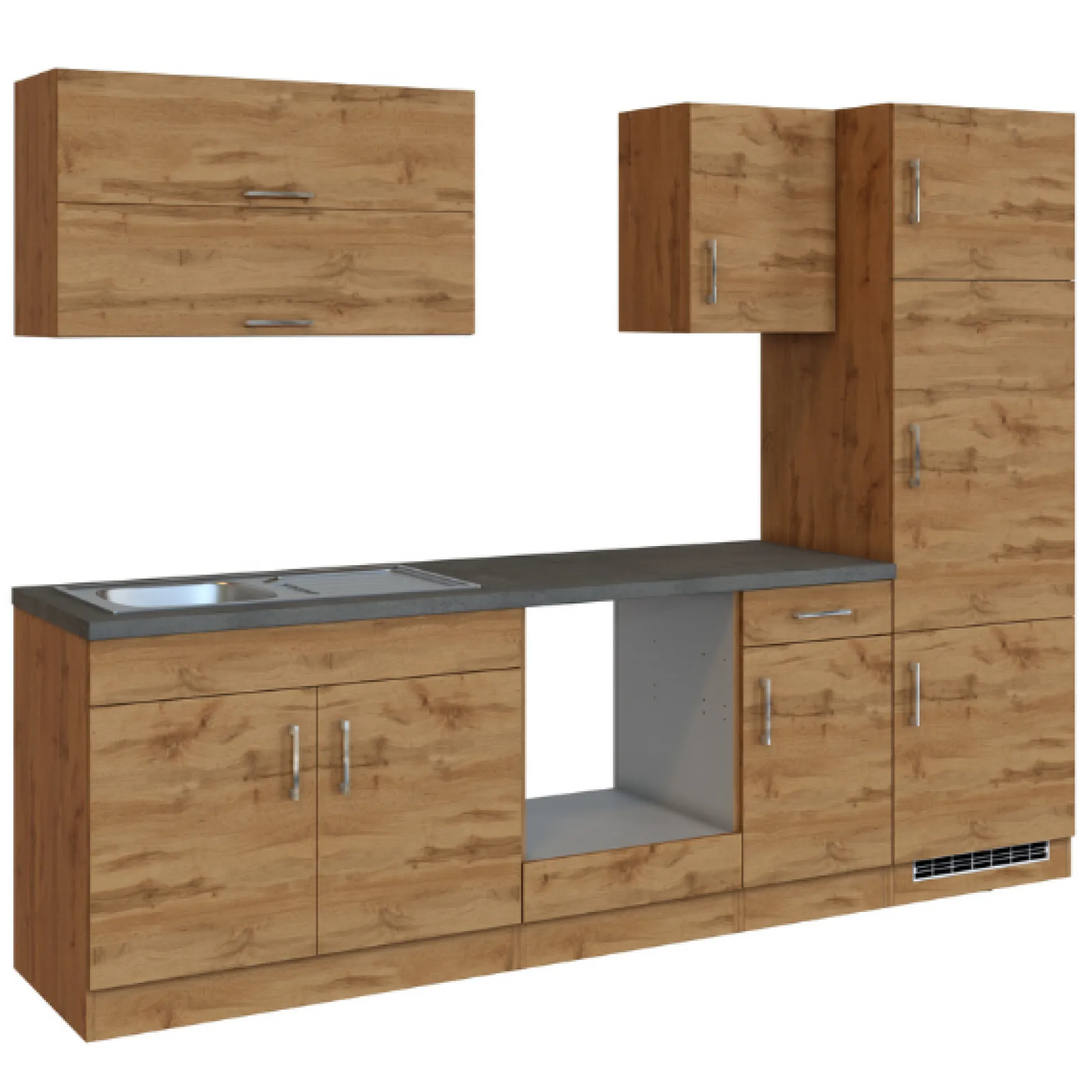 Küchenzeile Sorrella 270cm mit Platz für Backofen und Kühlschrank - Eiche
