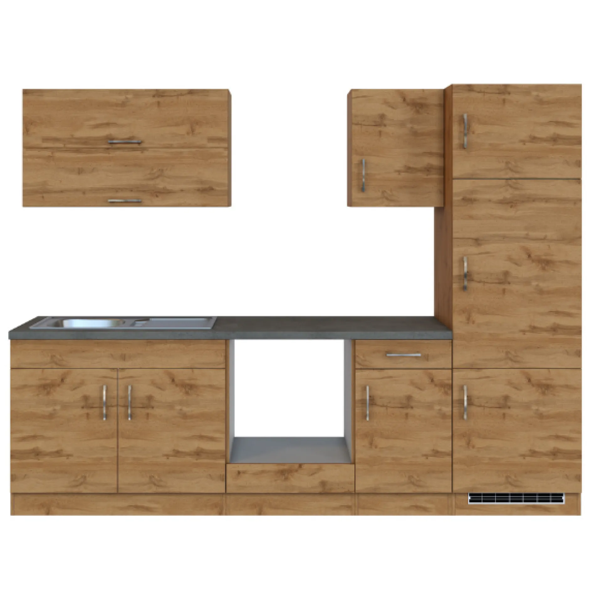 Küchenzeile Sorrella 270cm mit Platz für Backofen und Kühlschrank - Eiche