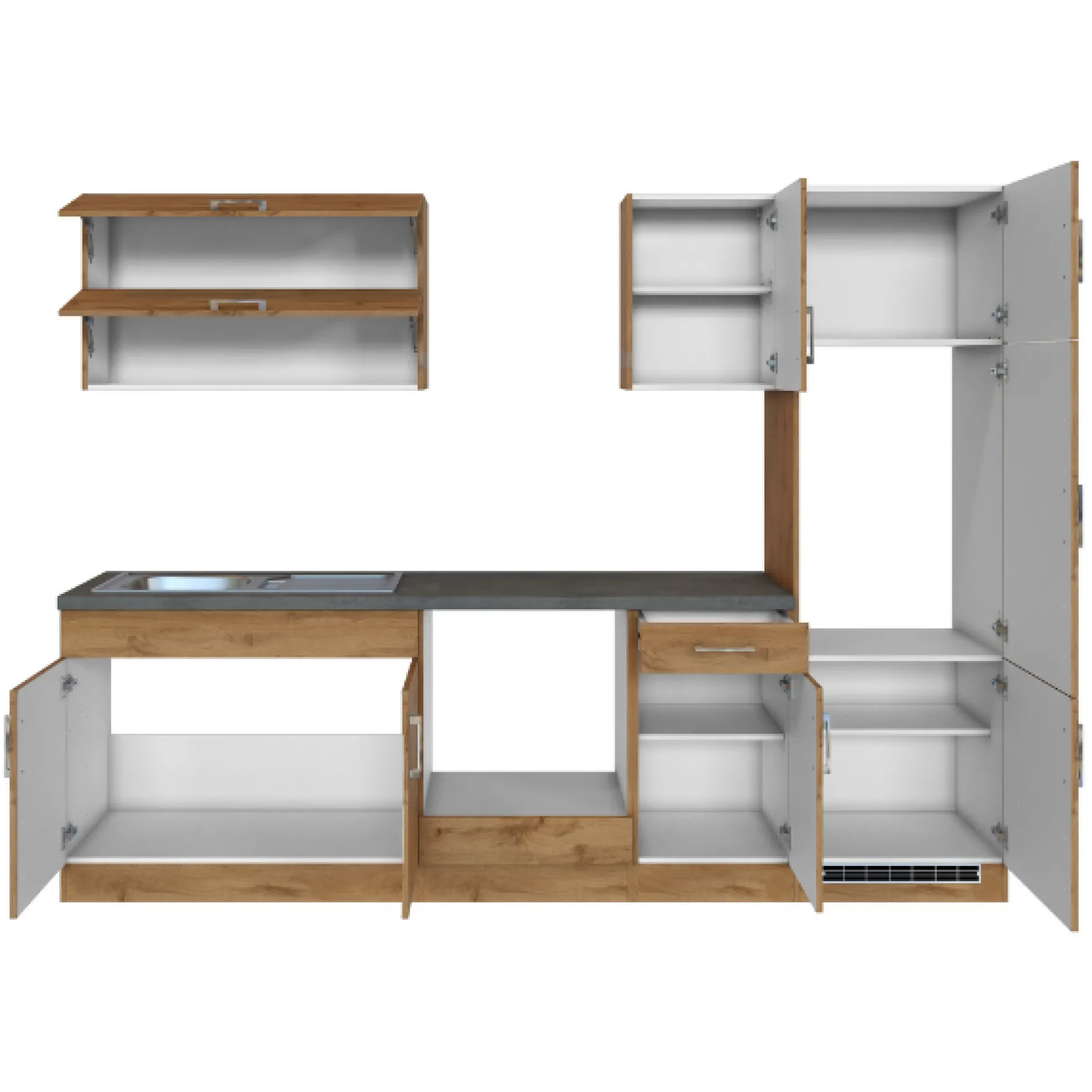Küchenzeile Sorrella 270cm mit Platz für Backofen und Kühlschrank - Eiche